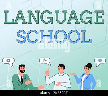 Texte montrant inspiration Language School. Mot écrit sur l'établissement d'enseignement se concentrant sur les langues étrangères partenaires discutant construire de nouvelles idées merveilleuses pour l'amélioration des compétences. Banque D'Images