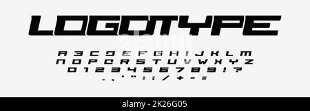Alphabet pour logos. Lettres larges, chiffres et signes de ponctuation. Police italique, design minimaliste pour logo sport moderne, course de vitesse et titre de voiture. Style étendu, motif typographique vectoriel Banque D'Images
