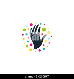 Logo rond avec l'image de mains noires, ballons colorés et joyeux fêtes de perles autour de ses mains vector illustration Banque D'Images