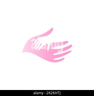 Main dans la main de l'enfant mère vecteur icône. Logo abstrait pédiatre modèle. Télévision, silhouette palm rose tendre symbole abstrait. Vector illustration isolé sur fond blanc. Banque D'Images