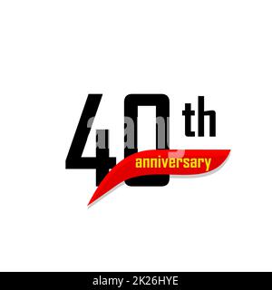 Logo vectoriel abstrait anniversaire 40th. Icône quarante joyeux anniversaire. Nombres noirs en forme de boomerang rouge avec texte jaune 40 ans. Banque D'Images