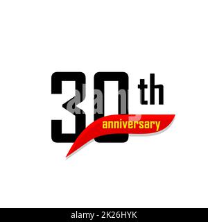 Logo vectoriel abstrait anniversaire 30th. Icône de trente joyeux anniversaire. Nombres noirs en forme de boomerang rouge avec texte jaune 30 ans. Banque D'Images