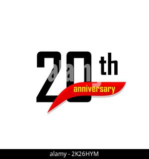 Logo vectoriel abstrait anniversaire 20th. Icône vingt joyeux anniversaire. Nombres noirs en forme de boomerang rouge avec texte jaune 20 ans. Banque D'Images