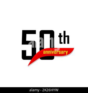 Logo vectoriel abstrait anniversaire 50th. Icône cinquante joyeux anniversaire. Nombres noirs en forme de boomerang rouge avec texte jaune 50 ans. Banque D'Images