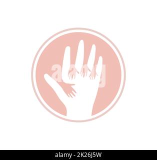 Les mains en l'icône vecteur. Les enfants Aide logo modèle. Télévision la main de logotype. Résumé de soins symbole rose. Vector illustration isolé sur fond blanc. Banque D'Images