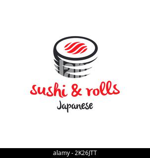 Sushi et petits pains avec barre de baguettes ou modèle de logo vectoriel de restaurant. Cuisine traditionnelle japonaise ou chinoise, savoureuse icône culinaire. Noir abstrait et rouge pour emblème asiatique. Banque D'Images