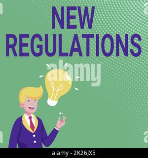 Légende présentant les nouveaux règlements. Mot écrit sur les règles faites par un gouvernement ou une autorité afin de contrôler monsieur dessin debout ayant une nouvelle idée présentée avec ampoule. Banque D'Images