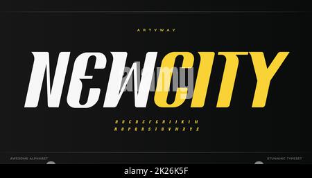 Nouvelle ville alphabet moderne. Police haute monumentale et oblique, contrastant impressionnant type pour le texte de journal, logo et marquage, titre de magazine. Lettres urbaines élégantes. Motif typographique vectoriel Banque D'Images