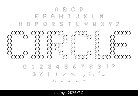 Les contours du cercle alphabet. Simple noir et blanc parsemée de lettres, chiffres et symboles. La forme de carreaux de mosaïque. Puzzle cercle font concept. Banque D'Images