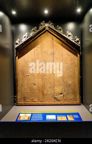 The original wooden frame of the Mappa Mundi, a medieval map of the known world dating from c1300, in Hereford Cathedral, Herefordshire, England, UK Stock Photo