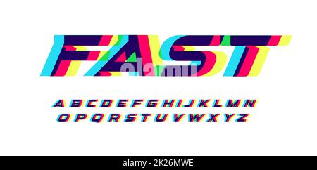 Jeu de lettres et de chiffres surimprimer. Rouge brillant bleu jaune effet de spectre style vectoriel alphabet latin. Police pour le cyber-sport, la course, l'automobile, le logo et le design d'affiche. Typographie. Banque D'Images