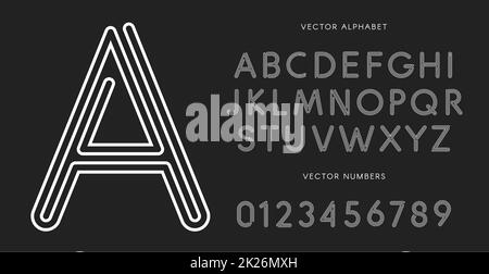 Les lettres et les chiffres de la ligne sont définis sur fond noir. Alphabet latin vectoriel monochrome. Police blanche laçage. Corde ABC, monogramme de labyrinthe et modèle d'affiche. Typographie. Banque D'Images