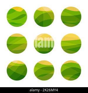 Champ vert de nourriture végétalienne avec soleil jaune. Restaurant végétarien, logo du café. Ensemble de logos décoratifs abstraits isolés, modèle d'élément de design sur fond blanc Banque D'Images