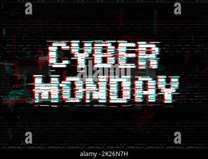 L'effet glitch blanc lettres. Modèle de page Cyber Monday. Effet de distorsion numérique texte. Tag Promotion. Banque D'Images