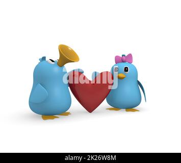 Un joli couple d'oiseaux bleus en forme de coeur rouge Banque D'Images