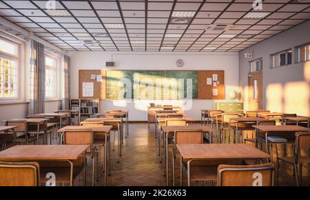 Vue sur l'intérieur d'une salle de classe vide de style japonais. Banque D'Images