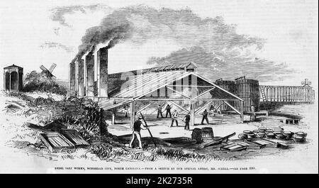 Rebel Salt Works, Morehead City, Caroline du Nord. Avril 1862. Illustration de la guerre de Sécession américaine du 19th siècle tirée du journal illustré de Frank Leslie Banque D'Images