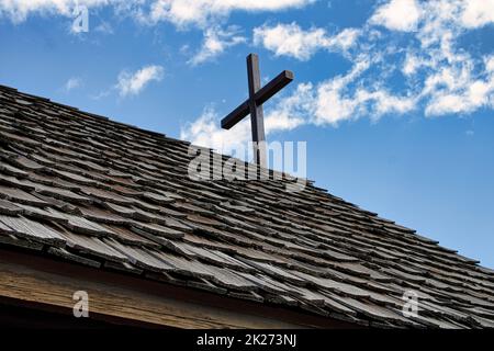 Gros plan des bardeaux sur le toit de la chapelle de la Transfiguration située dans le parc national de Grand Teton Banque D'Images