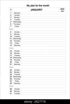 Modèle de calendrier pour janvier 2022. Agenda de planification de style minimaliste Banque D'Images