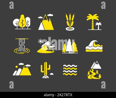 Jeu d'icônes de glyphe vecteur de nature. Panneau de paysage Banque D'Images