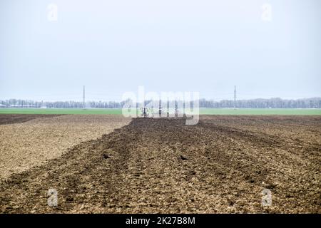 Lush et desserrer le sol sur le terrain avant de semer. Le tracteur laboure un champ avec une charrue Banque D'Images