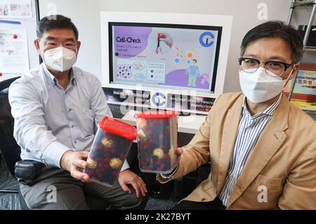 Leung Kwong-sak (à gauche), ancien président de l'informatique et Nelson Tang Leung-sang, professeur à l'école de médecine de l'Université chinoise, sont les co-fondateurs d'une start-up de bio-tech Cytomics Limited, à Science Park. La start-up a inventé un nouveau test sanguin rapide pour identifier les causes de la fièvre. 19SEP22 SCMP / K. Y. CHENG Banque D'Images