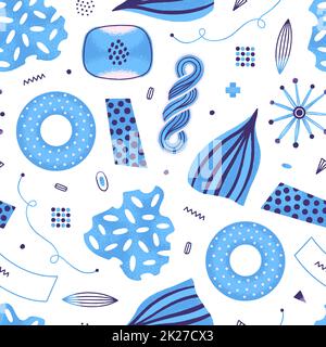 Motif vectoriel sans couture de formes texturées créatives différentes avec un style dessiné à la main. Illustration d'art moderne de couleur bleue Banque D'Images