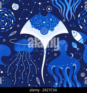 Vecteur sans couture de la vie sous-marine cosmique. Arrière-plan de l'espace avec des animaux marins Banque D'Images