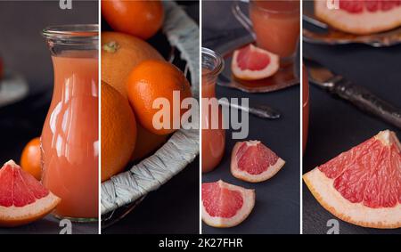 Collage of photo with fresh squeezed grapefruit juice with fresh citrus fruits on dark background Stock Photo