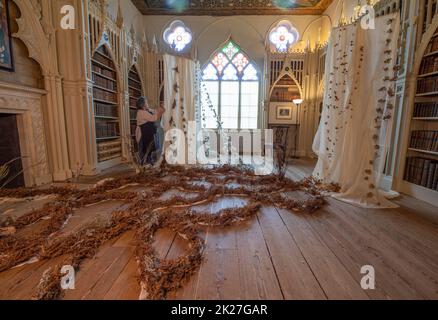 Twickenham, Londres, Royaume-Uni. 22 septembre 2022. Le Strawberry Hill House Flower Festival revient à Twickenham pour une année 4th successive du 23rd au 25th septembre 2022 avec une exposition spectaculaire du meilleur des fleurs de culture britannique, un floristry durable sans mousse et la créativité de conception des grands designers floraux du Royaume-Uni. Le Festival des fleurs est produit pour la première fois cette année en association avec les fleurs de la ferme. Image: Melissa Ashley termine les Sœurs torsadées dans la Bibliothèque. Crédit: Malcolm Park Banque D'Images