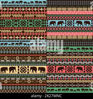 Motifs africains colorés avec silhouettes d'éléphants Banque D'Images