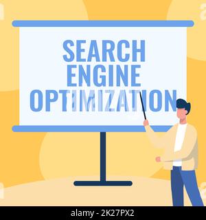 Légende présentant l'optimisation du moteur de recherche. Vitrine d'affaires augmentation du trafic de site Web d'affaires et d'analyse enseignant dans le dessin de veste pointage debout Stick au tableau blanc. Banque D'Images