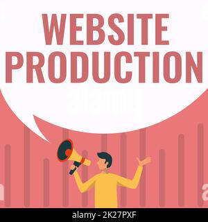 Affichage conceptuel production de sites Web. Mot pour créer des sites avec contenu de mise en page et conception graphique Homme dessin tenant Megaphone avec grande bulle de parole montrant le message. Banque D'Images