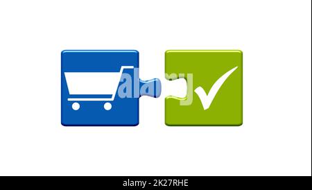 Pièces de puzzle bleu et vert : icône supermarché ou Onlineshop Banque D'Images