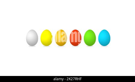 Six œufs de pâques colorés gris, jaune, orange, rouge, vert et bleu Banque D'Images
