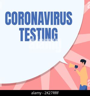 Légende conceptuelle tests de coronavirus. Photo conceptuelle collecte d'échantillons d'un patient viable pour identifier SARSCoV2 homme dessin main dans poche tenant mégaphone avec grande bulle de parole. Banque D'Images