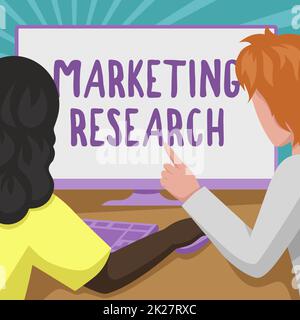 Légende de la présentation de Marketing Research. Idée d'entreprise processus de collecte et d'interprétation des informations sur le dessin de couple à l'aide de l'ordinateur de bureau accomplir leur travail. Banque D'Images