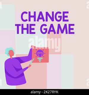 Texte d'écriture changer le jeu. Mot écrit sur l'ajustement dans le processus de planification de stratégie grossière etc. Man Standing Paper avec ampoule lumineuse en pointant Stick. Banque D'Images