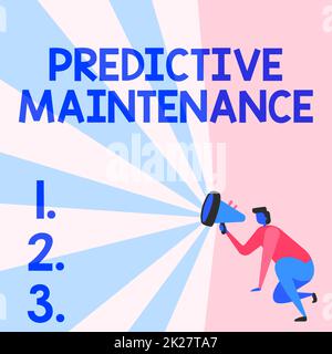 Légende conceptuelle Maintenance prédictive. Mot écrit sur conçu pour aider à déterminer l'état de l'équipement Illustration d'Une personne s'agenouillant à l'aide de Megaphone faire une nouvelle annonce. Banque D'Images