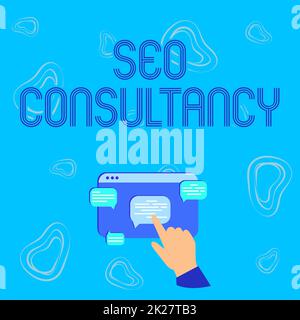 Texte montrant inspiration Seo Consultancy. Mot écrit sur se spécialiser dans l'évaluation d'une organisation est la main de site Web montrant graphique croissance pointage de l'écran de navigateur Web. Banque D'Images