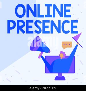 Écriture affichage de texte présence en ligne. Idée d'affaires l'existence d'un individu peut être trouvée via une recherche en ligne Lady Inside A Monitor Screen Drawing Holding Megaphone et Flag. Banque D'Images