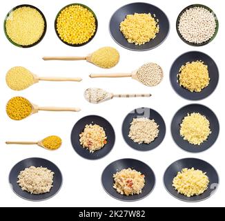 ensemble de différents couscous cuits et crus isolés Banque D'Images