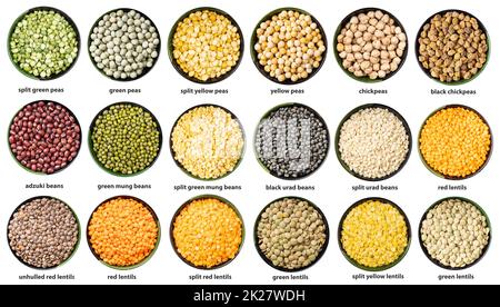ensemble de lentilles et de petits pois dans un bol avec noms Banque D'Images
