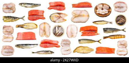 ensemble de divers poissons fumés isolés sur blanc Banque D'Images