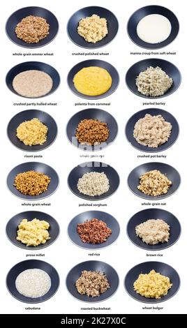 ensemble de différents gruaux bouillis portant des noms dans des bols Banque D'Images
