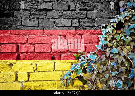 Drapeau allemand grunge sur mur de briques avec usine de lierre Banque D'Images