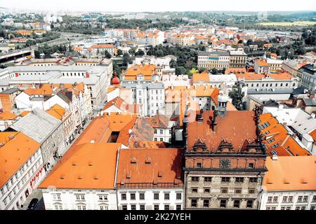 Vue imprenable sur les maisons traditionnelles de Plzen, République tchèque Banque D'Images