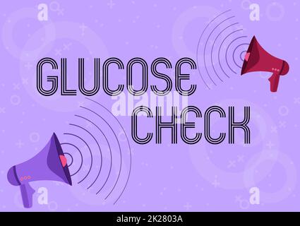 Affiche indiquant glucose Check. Photo conceptuelle procédure qui mesure la quantité de sucre dans le sang paire de mégaphones dessin produisant des ondes sonores faire une annonce. Banque D'Images