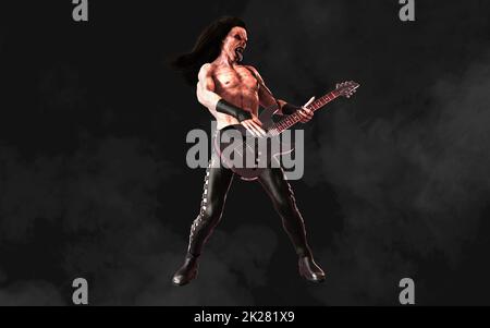 3D Illustration Devil pose et joue une guitare électrique entourée sur fond sombre avec un chemin de coupure. Death Rock musicien. Banque D'Images