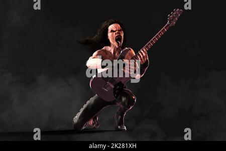 3D Illustration Devil pose et joue une guitare électrique entourée sur fond sombre avec un chemin de coupure. Death Rock musicien. Banque D'Images